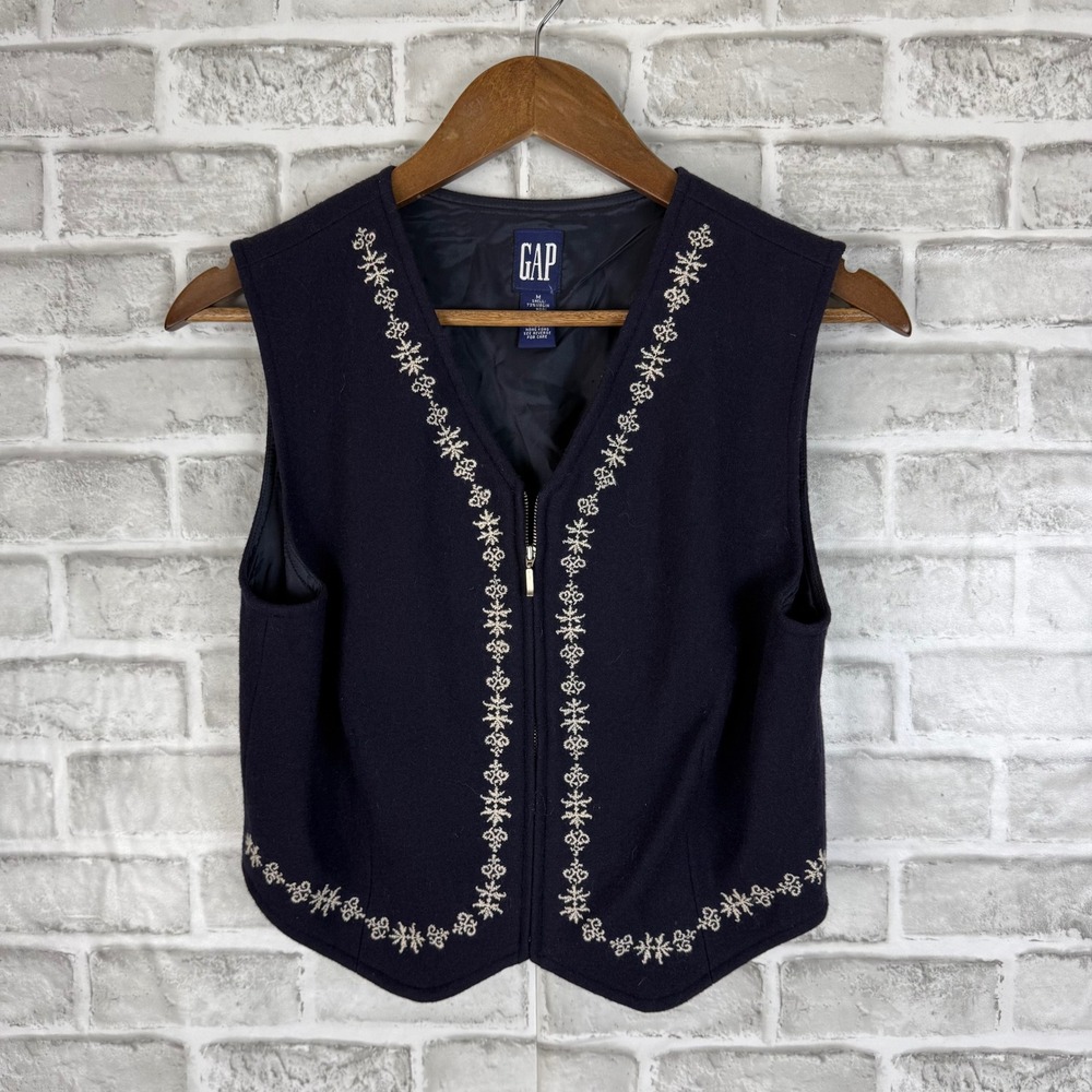 Vintage Gap Navy Blue Wool Blend Embroidered Zip Up Vest Women Medium Folk Style